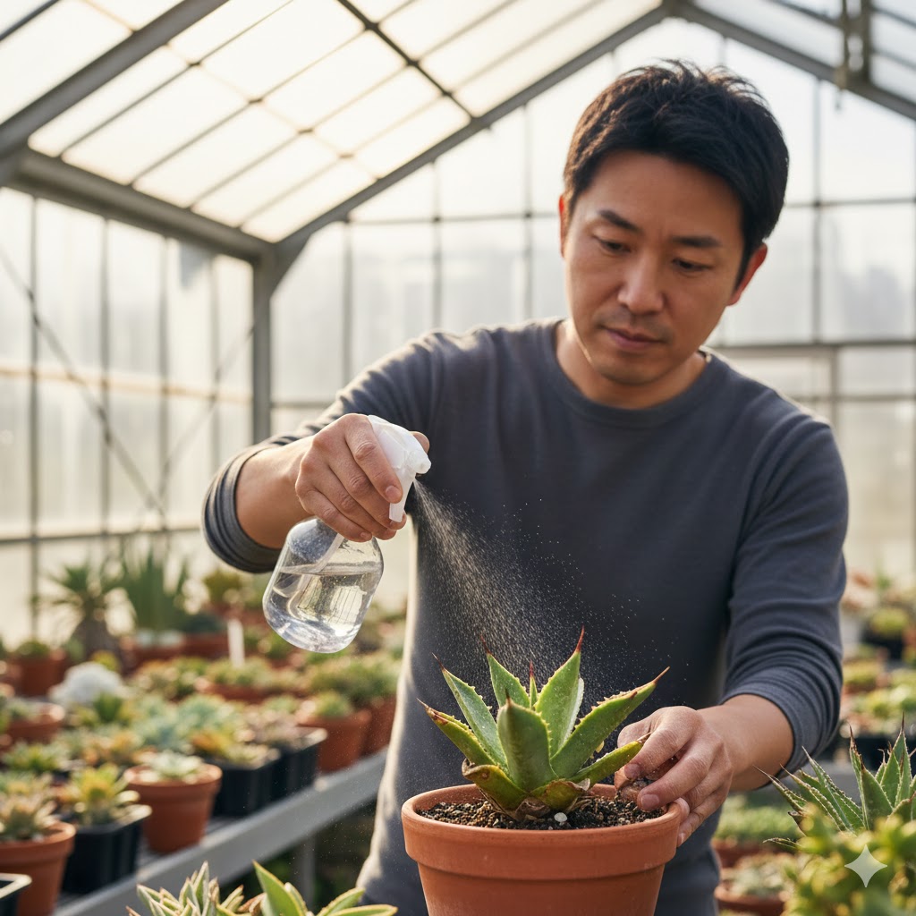 葉水による水分補給で移植ショックからの回復を図る