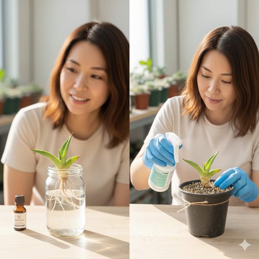 幹から生えた根がない子株を丁寧に削ぐ手順