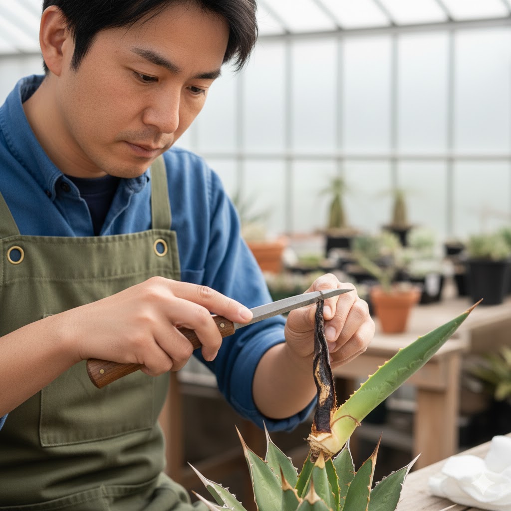 鋭利な刃物で腐敗した茎を外科的に切除する
