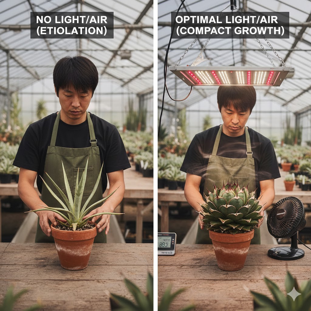 徒長を防ぐためのLEDライトと風の重要性