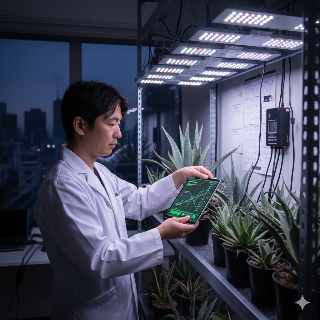 アガベにLEDを照射する時間の最適化と成長の記録