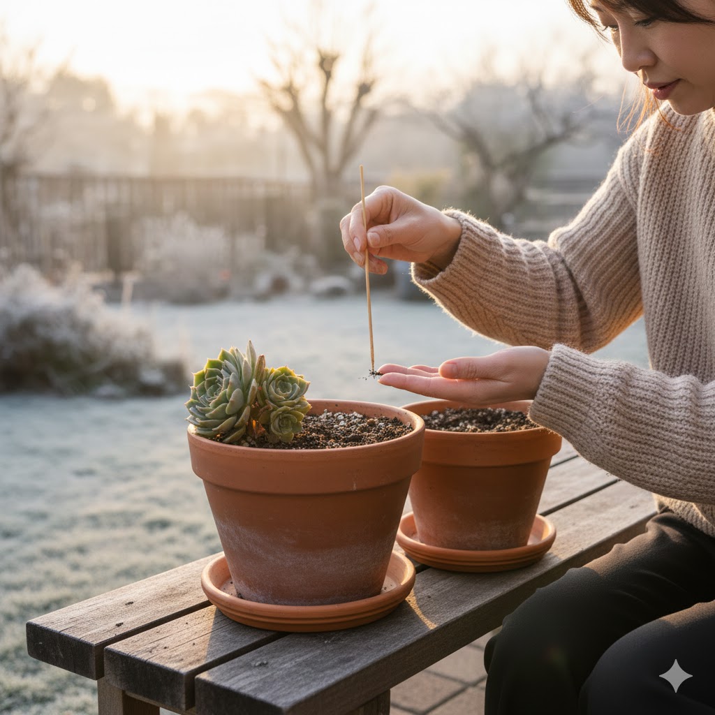 屋外管理で根腐れを防ぐための土の乾燥状態の確認