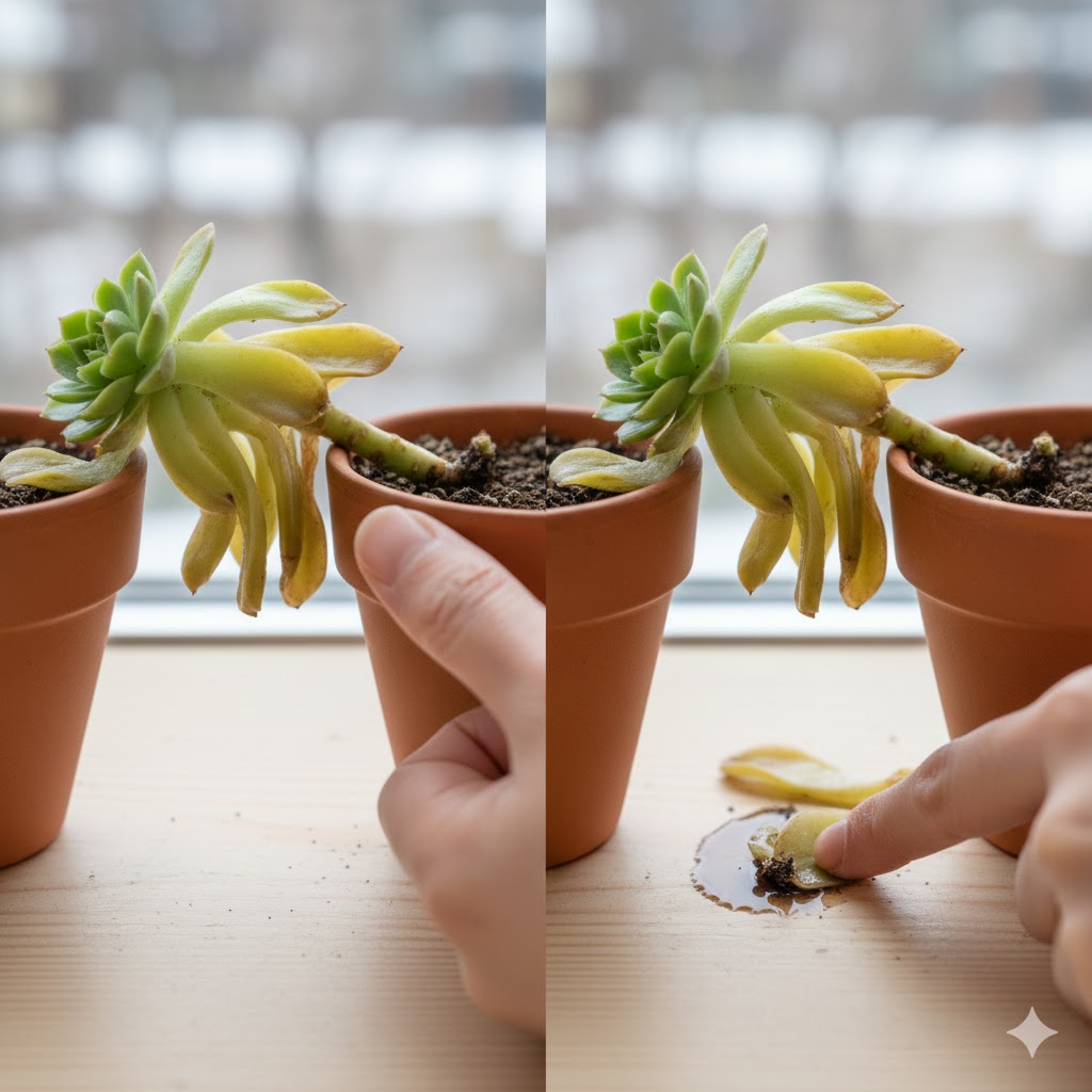 葉のシワを見極めて水不足か根の異常かを判断する