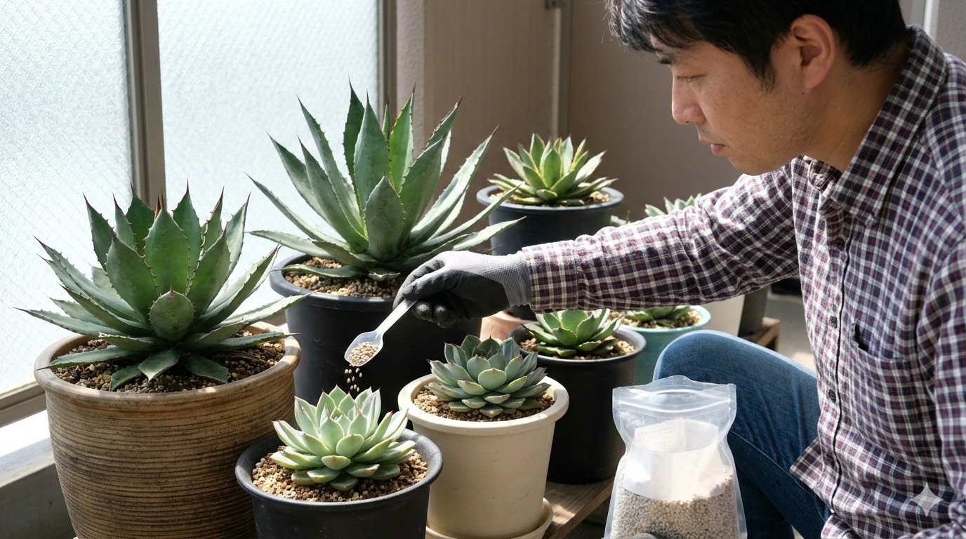 台風接近前にオルトラン等の粒剤殺虫剤を多肉植物の鉢に散布する、福岡の男性愛好家の様子。浸透移行性薬剤の戦略的活用を表現