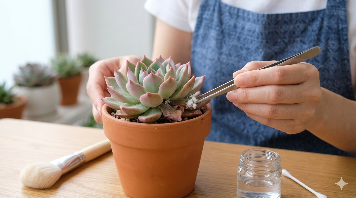 台風接近前にオルトラン等の粒剤殺虫剤を多肉植物の鉢に散布する、福岡の男性愛好家の様子。浸透移行性薬剤の戦略的活用を表現。
