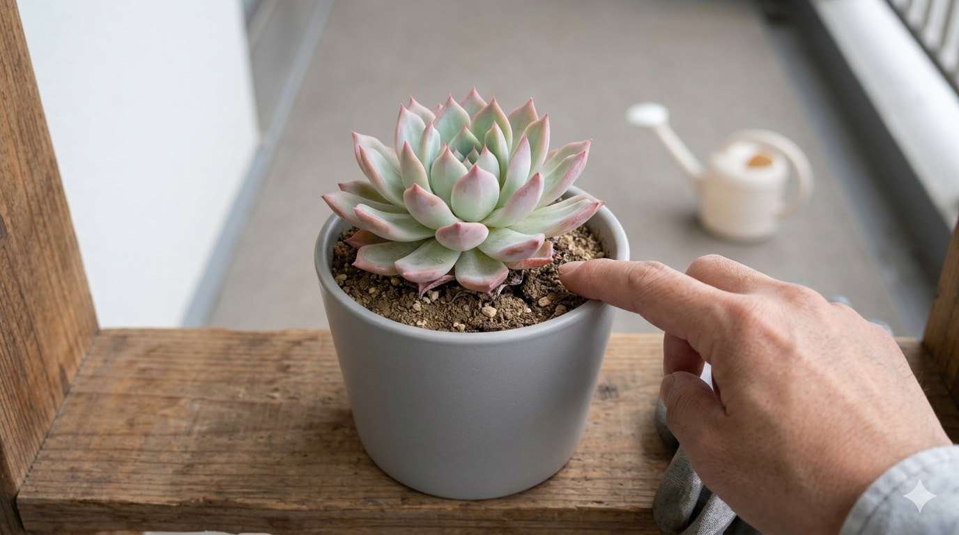 乾燥気味に保たれた多肉植物の鉢植え(エケベリア)。室内避難前の根腐れとコバエ発生を防ぐための完全断水プロセスを表現。