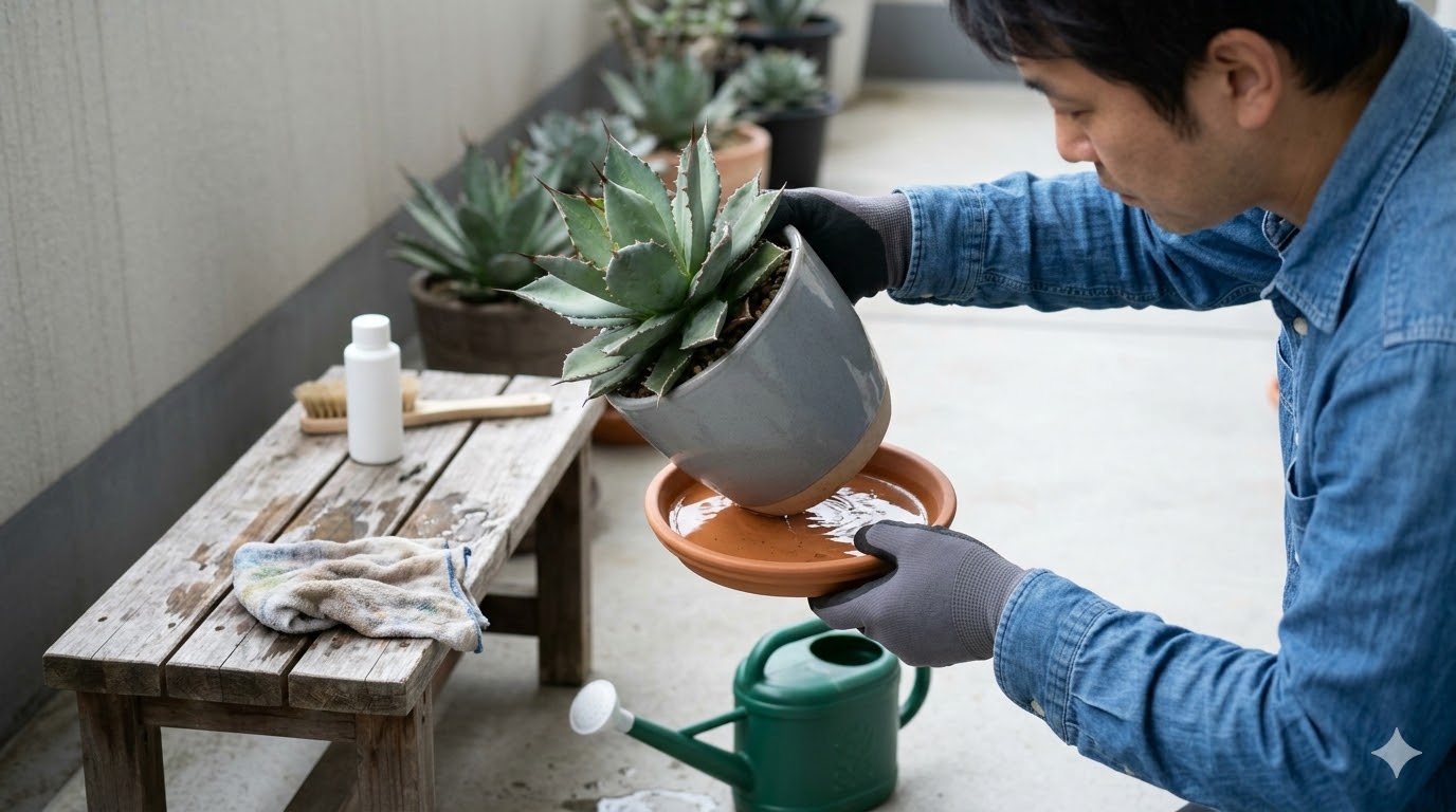 福岡のベランダで台風接近前に、多肉植物(アガベ)の鉢の受け皿に溜まった水を丁寧に捨てる日本人男性愛好家の様子。コバエ発生防止を表現。