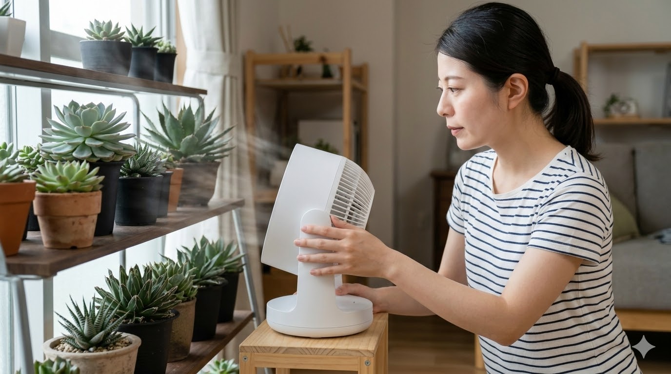 福岡の室内避難所で多肉植物(エケベリア等)にサーキュレーターを設置し、風通しを確保する日本人女性愛好家の様子。蒸れと病害虫を物理的に防ぐ環境コントロール。