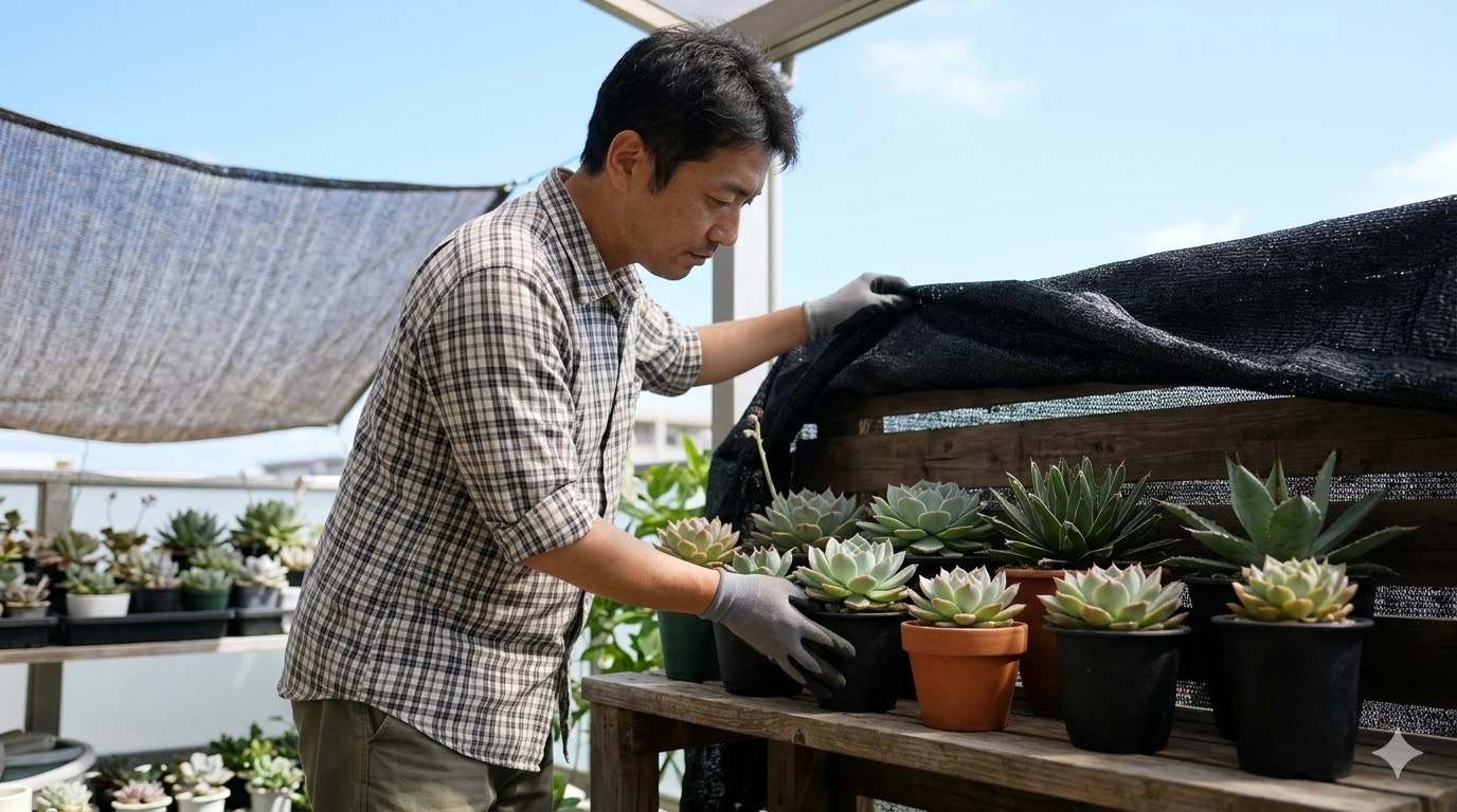 台風通過後、福岡のベランダで多肉植物(エケベリア等)を軒下の日陰に移動し、段階的に光に慣らす日本人男性愛好家の様子。葉焼けを未然に防ぐ「順化」プロセス。