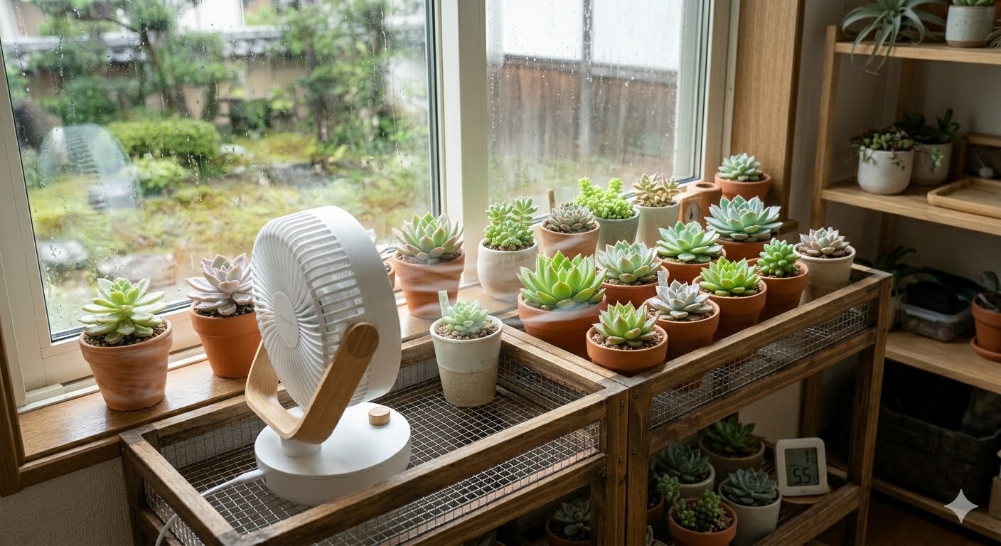 多肉植物,梅雨,湿気対策,扇風機,変化