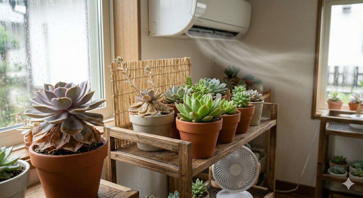 多肉植物,梅雨,湿気対策,扇風機,変化