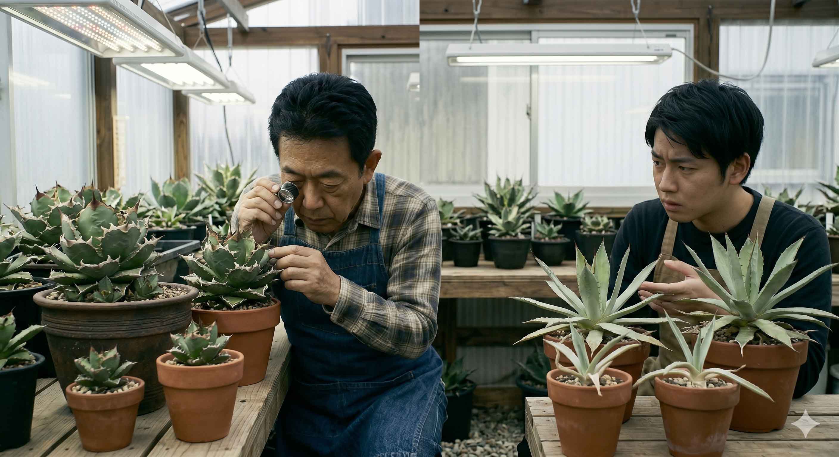 アガベ、育成環境による形質変化と徒長